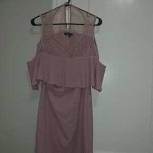 Pink Sheath Dress with Cold Shoulder and Ruffled Overlay for Wedding Guest